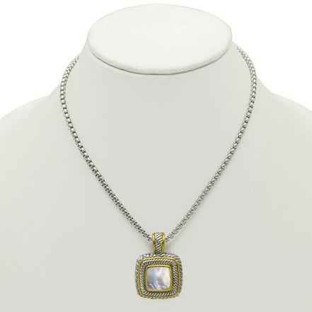 Two Tone Pave Square Crystal Engraved Pendant With Box Chain Necklace #83015EH-MOP (FF18)