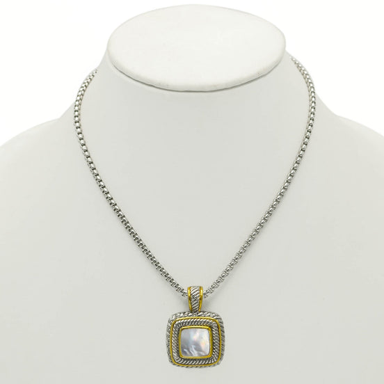 Two Tone Pave Square Crystal Engraved Pendant With Box Chain Necklace #83015EH-MOP (FF18)