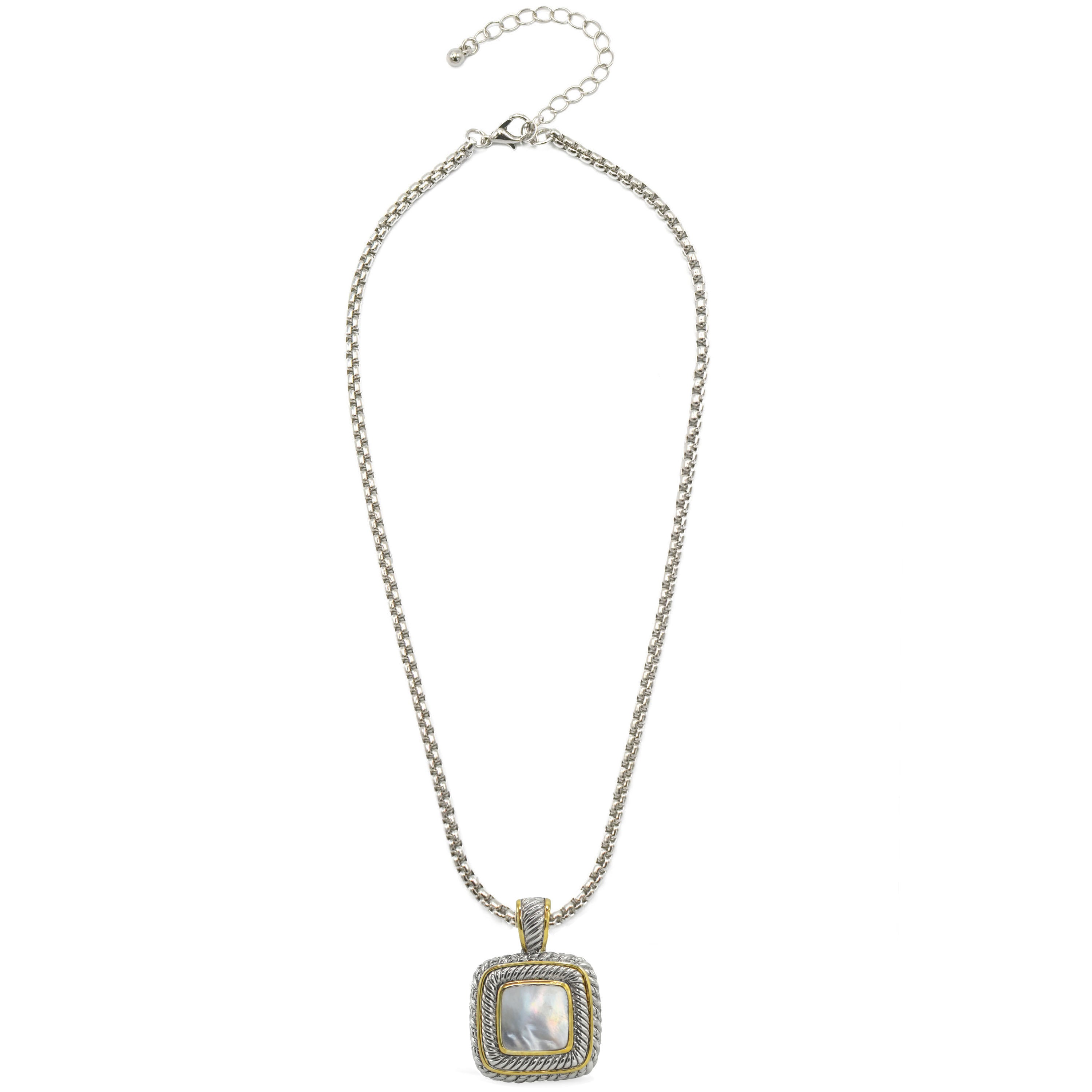 Two Tone Pave Square Crystal Engraved Pendant With Box Chain Necklace #83015EH-MOP (FF18)