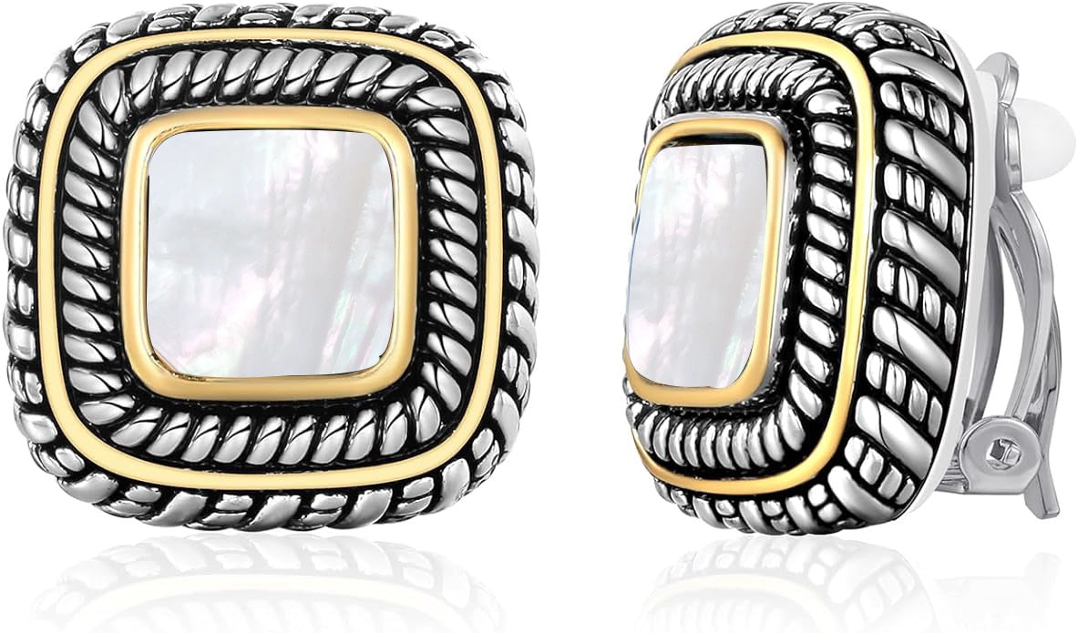 Mother of Pearl Clip-On Earrings – Two-Tone Rope Border Statement Jewelry  1