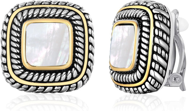 Mother of Pearl Clip-On Earrings – Two-Tone Rope Border Statement Jewelry  1" Inch#83015ER-MOP (FF17)