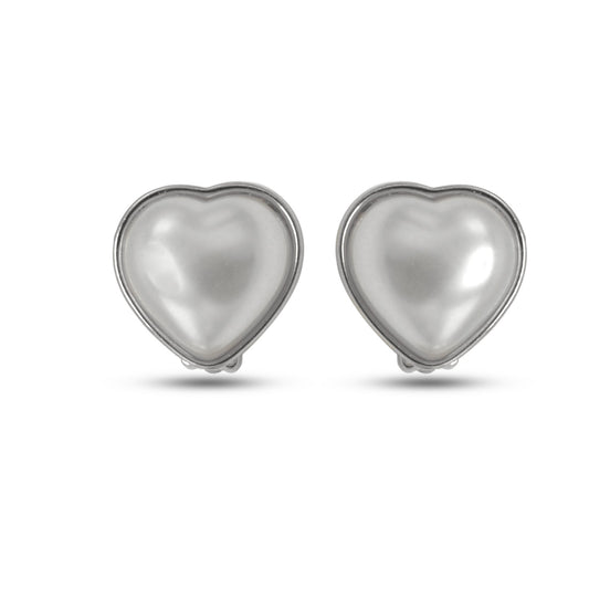Rhodium off white heart pearl clip-on earring #HNE90832CLIPRD (BG9)