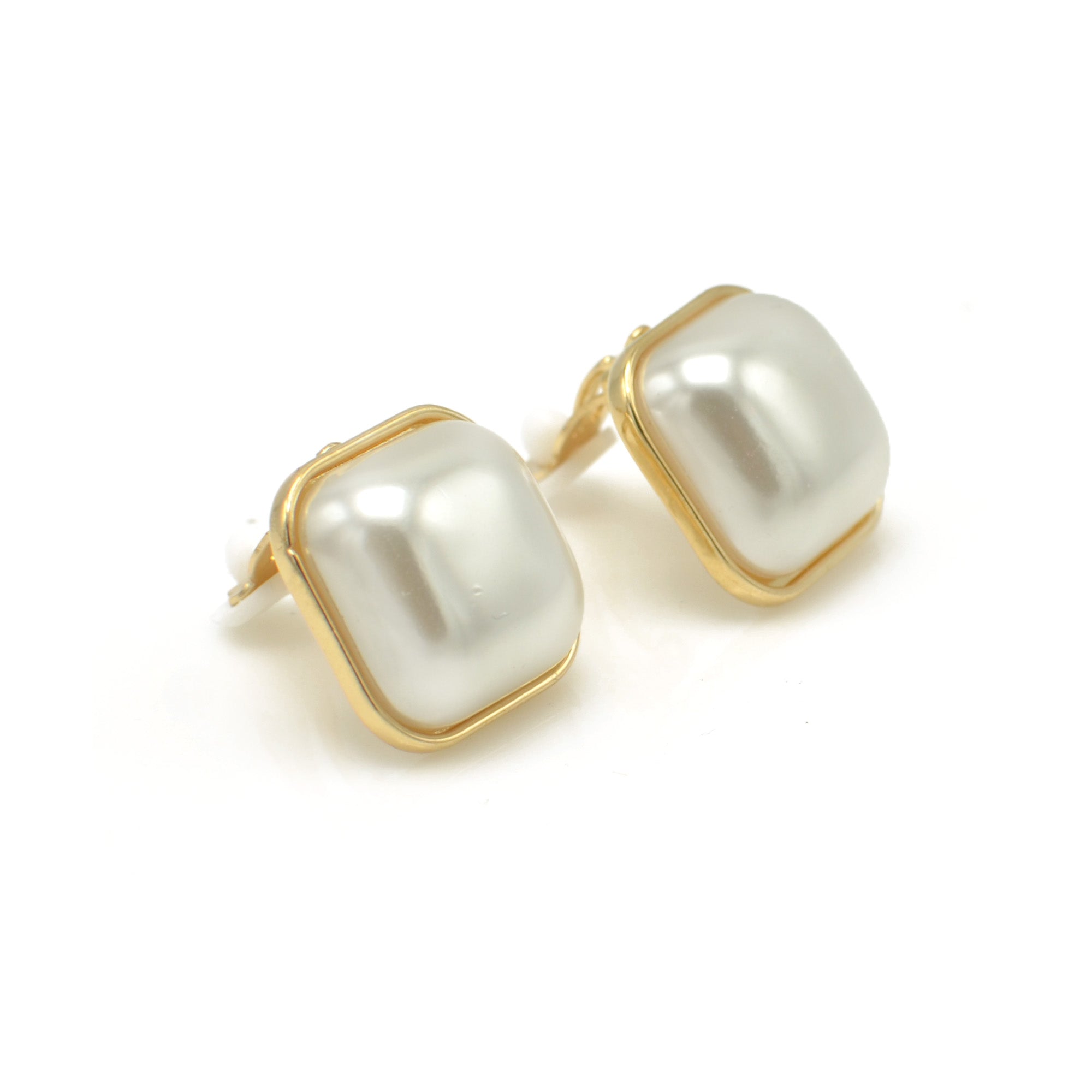 Gold Cream Square Pearl Clip on Earrings #HNE90845CLIPGD (SHBA4)