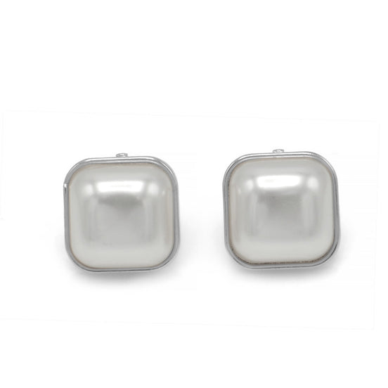 Rhodium Cream Square Pearl Clip on Earrings #HNE90845CLIPRD