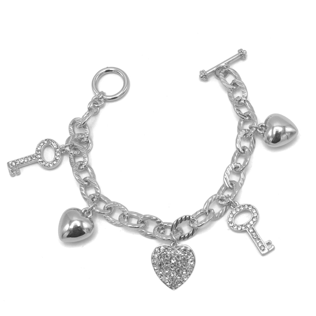Rhodium Crystal Heart and Key charm Bracelet #HNB90893RD(KF3)