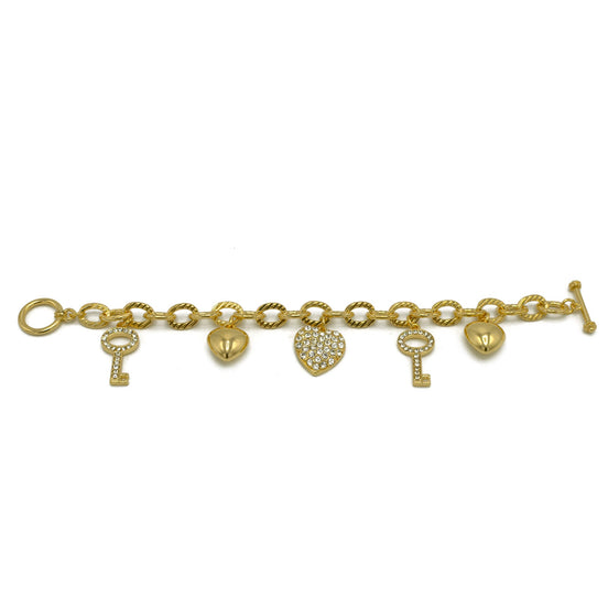 Gold Crystal Heart and Key charm Bracelet #HNB90893GD