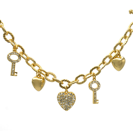 Gold Crystal Heart and Key charm Bracelet #HNB90893GD
