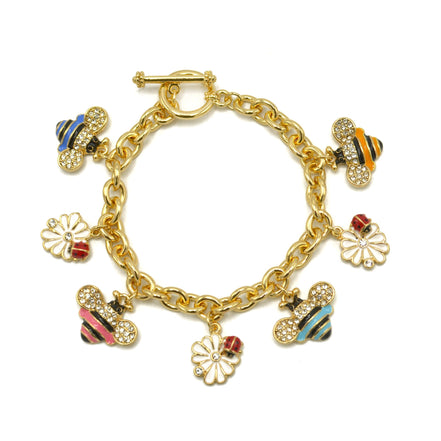 Gold Crystal multi color Bee and flower charm Bracelet #HNB90886GDMUT(JE9)