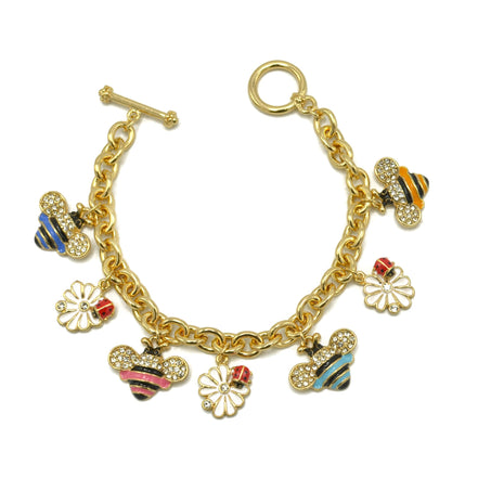 Gold Crystal multi color Bee and flower charm Bracelet #HNB90886GDMUT(JE9)