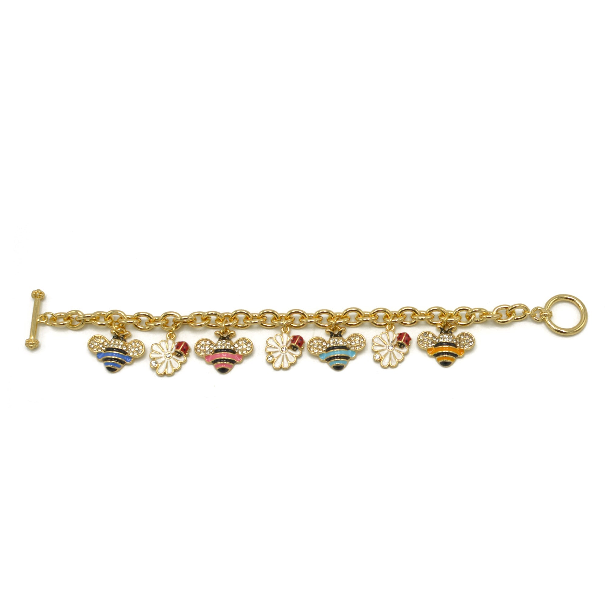 Gold Crystal multi color Bee and flower charm Bracelet #HNB90886GDMUT(JE9)