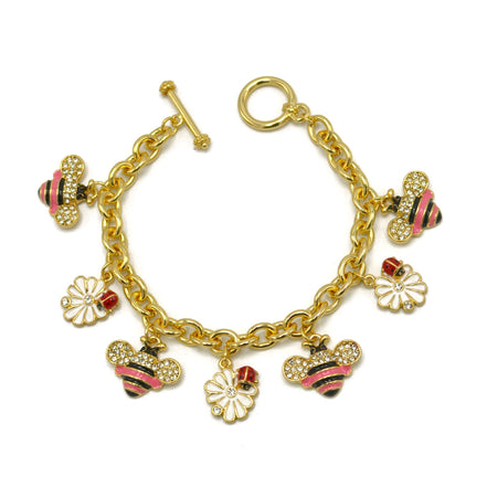 Gold Crystal Pink Bee and flower charm Bracelet #HNB90886GDPK(JG7)