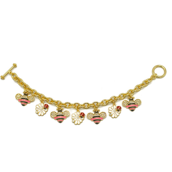 Gold Crystal Pink Bee and flower charm Bracelet #HNB90886GDPK(JG7)