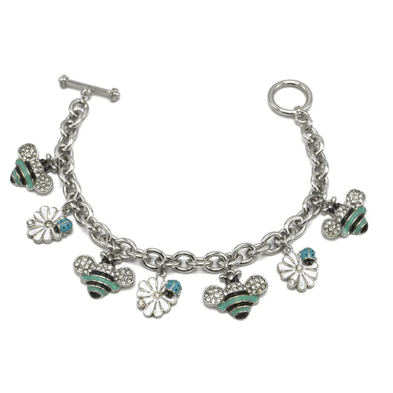 Rhodium Crystal Turquoise Bee and White flower charm Bracelet #HNB90886RDMINT(JG9)