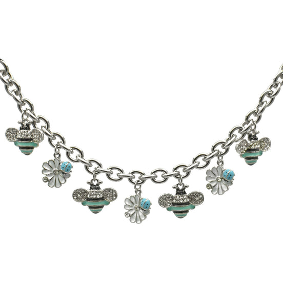Rhodium Crystal Turquoise Bee and White flower charm Bracelet #HNB90886RDMINT(JG9)