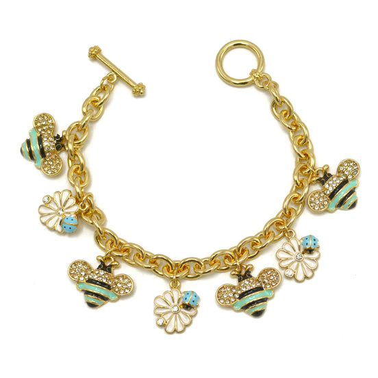 Gold Crystal Turquoise Bee and flower charm Bracelet #HNB90886GDMINT(JG9)