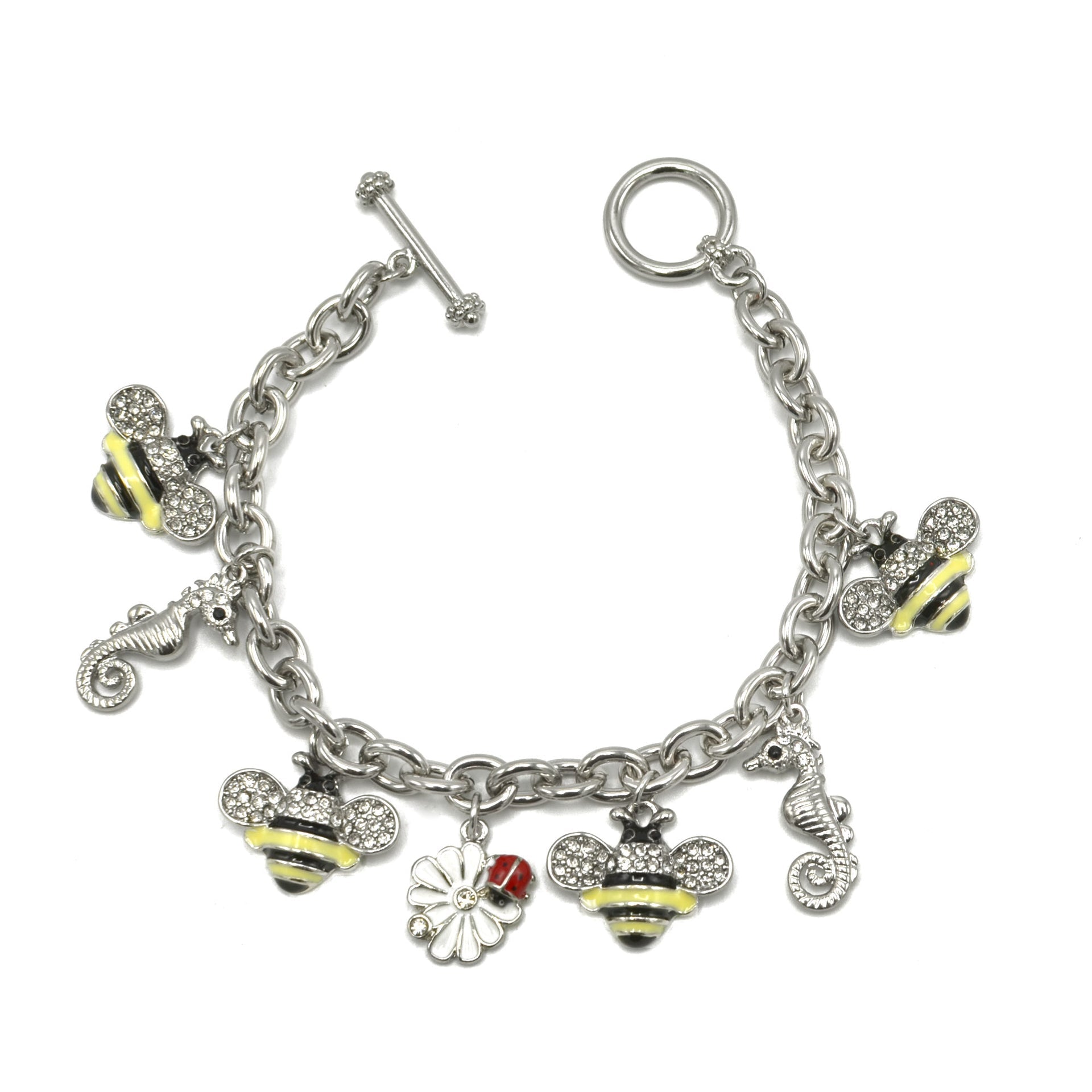 Rhodium Crystal Yellow Bee and White flower charm Bracelet #HNB90887RDYE(JG8)