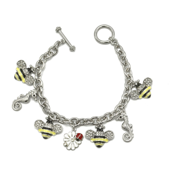 Rhodium Crystal Yellow Bee and White flower charm Bracelet #HNB90887RDYE(JG8)