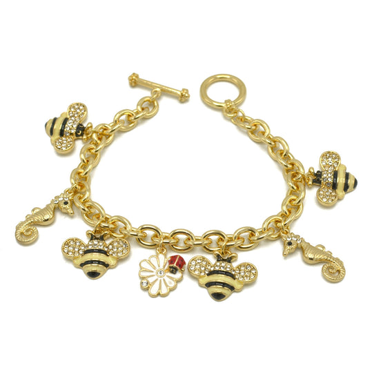 Gold Crystal Bee sea Horse and flower charm Bracelet #HNB90887GDYE(JG8)