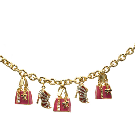 Gold Crystal Shoe and Pink Hand Bag Charm Bracelet #HNB90888GDFU(JH6)