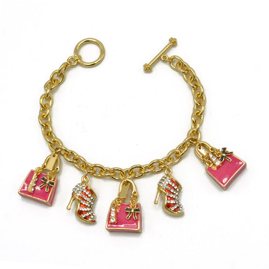 Gold Crystal Shoe and Pink Hand Bag Charm Bracelet #HNB90888GDFU(JH6)