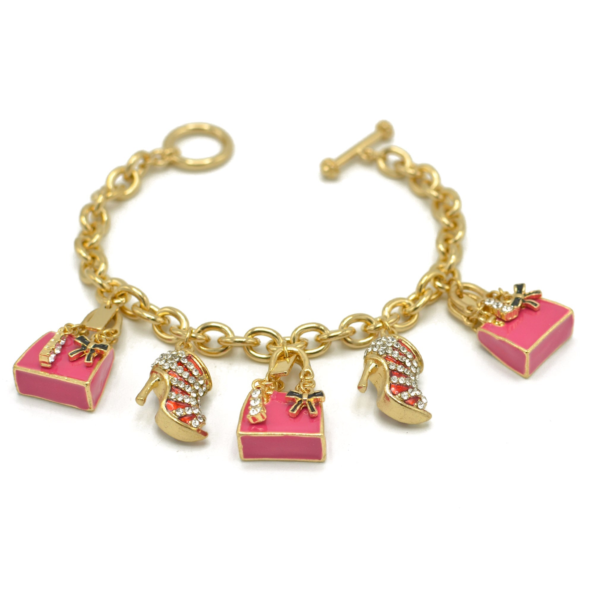 Gold Crystal Shoe and Pink Hand Bag Charm Bracelet #HNB90888GDFU(JH6)
