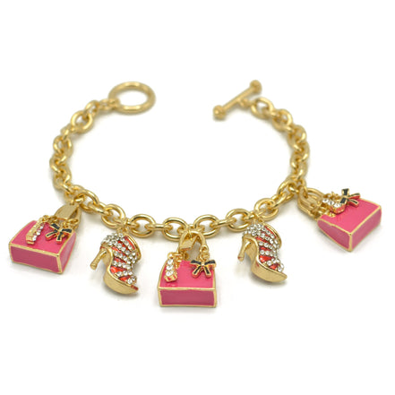 Gold Crystal Shoe and Pink Hand Bag Charm Bracelet #HNB90888GDFU(JH6)