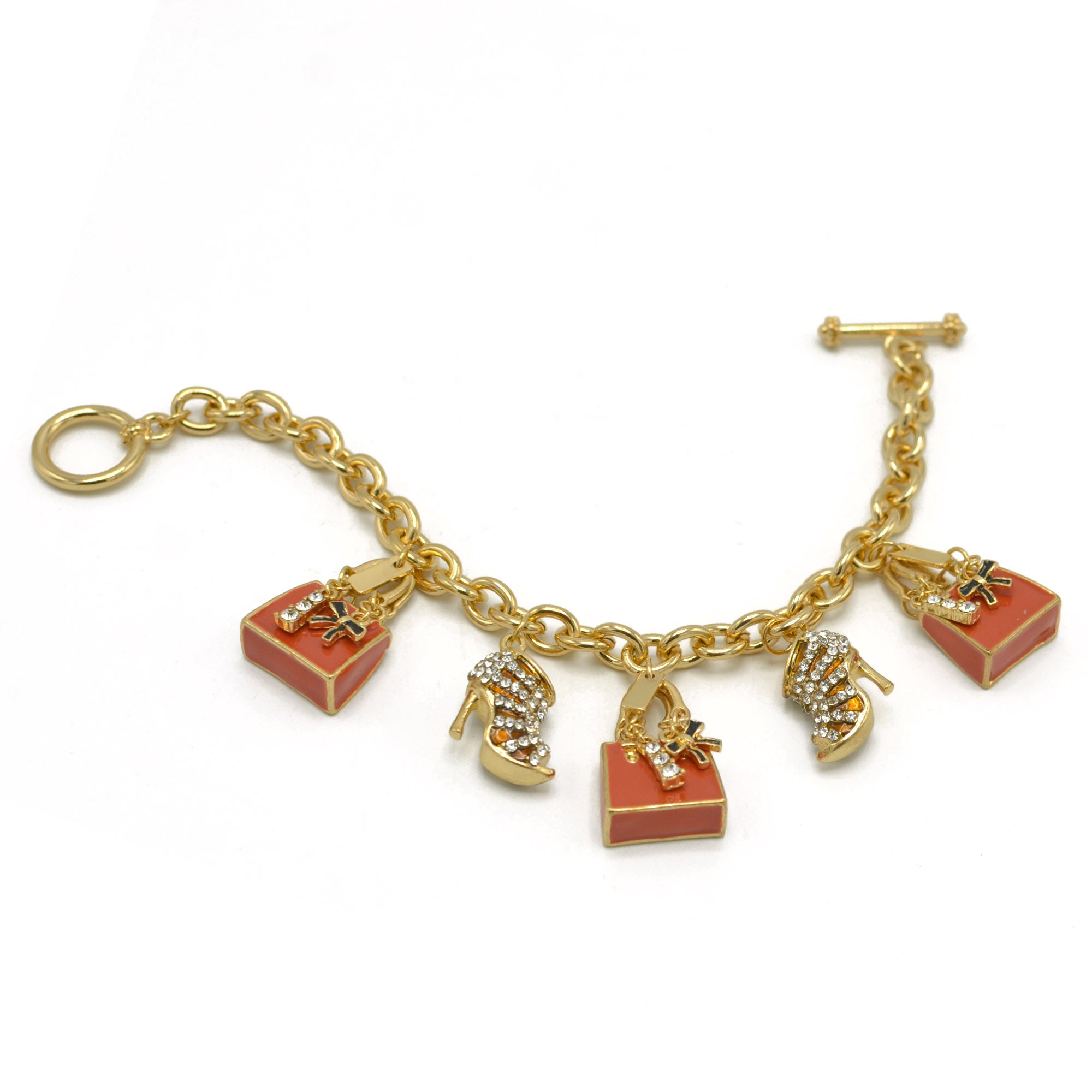 Gold Crystal Shoe and Orange Hand Bag Charm Bracelet #HNB90888GDOR(JH6)