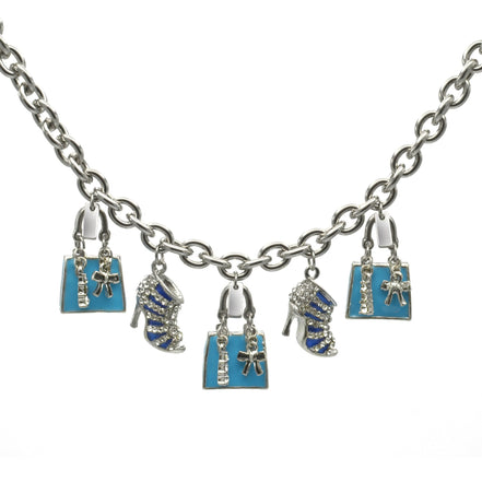 Rhodium Crystal Shoe and Blue Hand Bag Charm Bracelet #HNB90888RDBL(JF8)