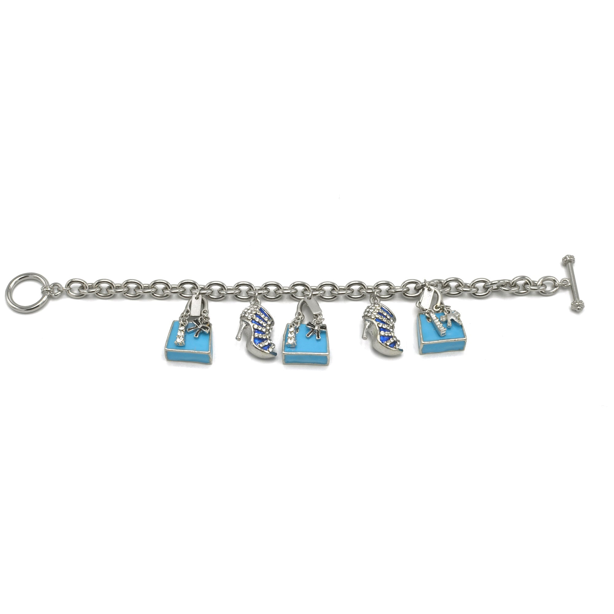 Rhodium Crystal Shoe and Blue Hand Bag Charm Bracelet #HNB90888RDBL(JF8)