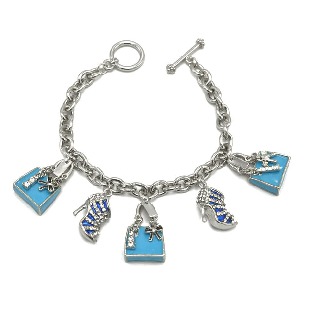 Rhodium Crystal Shoe and Blue Hand Bag Charm Bracelet #HNB90888RDBL(JF8)