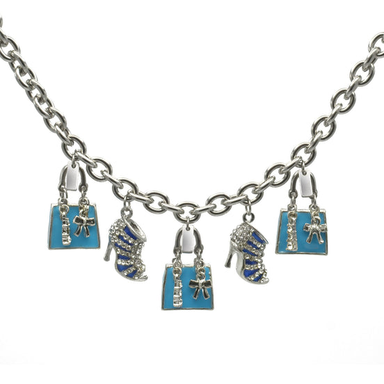 Rhodium Crystal Shoe and Blue Hand Bag Charm Bracelet #HNB90888RDBL(JF8)