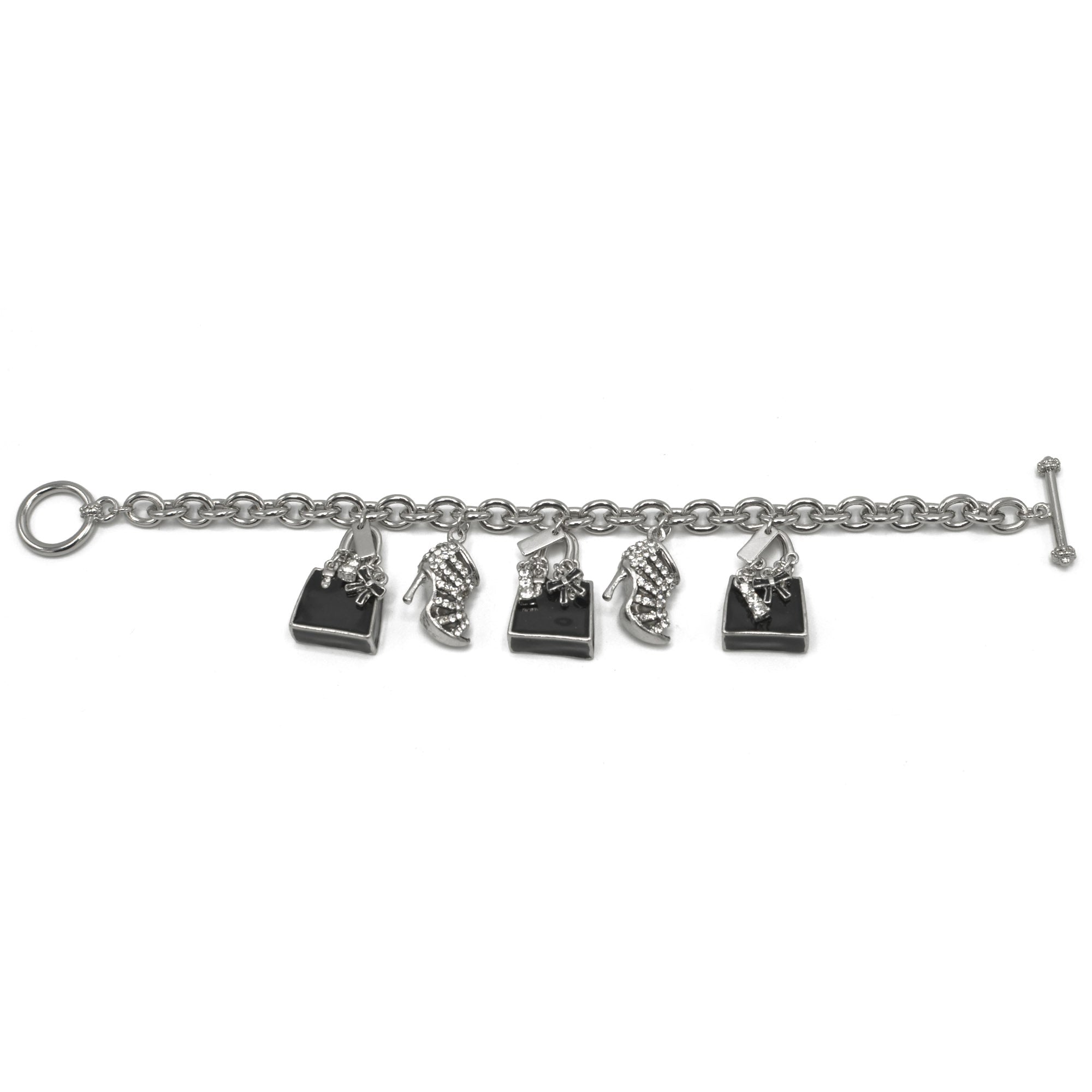 Rhodium Crystal Shoe and Hand Bag Charm Bracelet #HNB90888RDBK