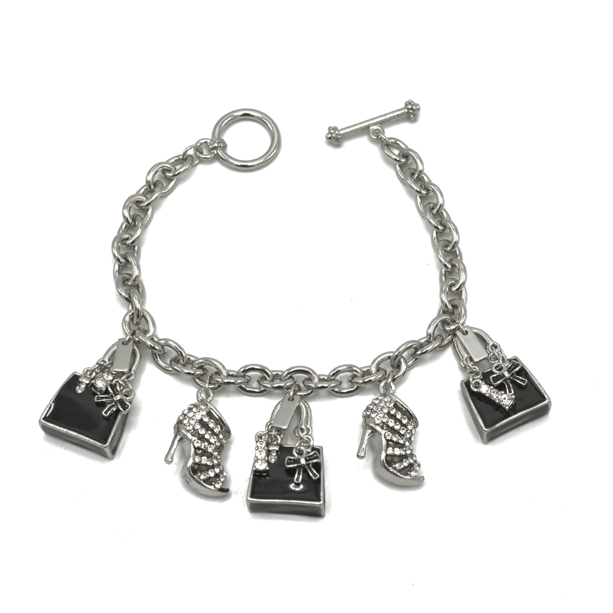 Rhodium Crystal Shoe and Hand Bag Charm Bracelet #HNB90888RDBK