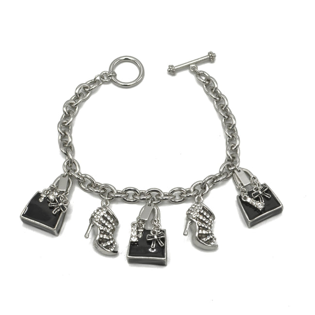 Rhodium Crystal Shoe and Hand Bag Charm Bracelet #HNB90888RDBK