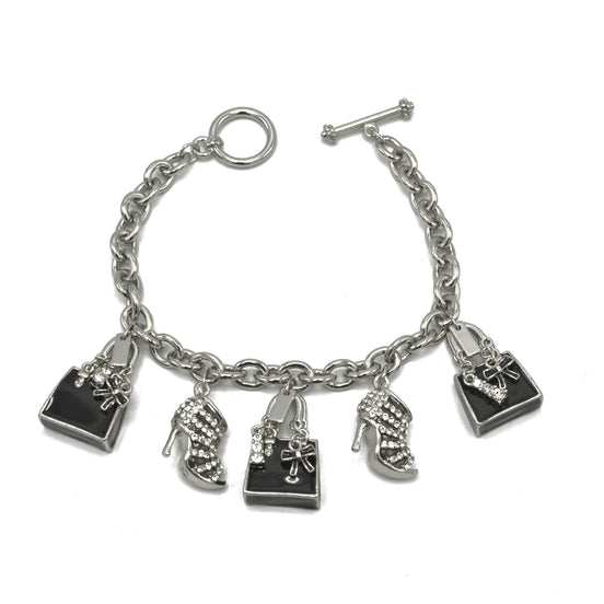Rhodium Crystal Shoe and Hand Bag Charm Bracelet #HNB90888RDBK