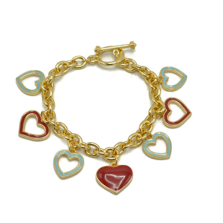 Gold with Coral and Turquoise Heart Charms Bracelet #HNB90890GD(JE7)