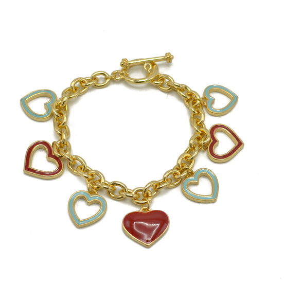 Gold with Coral and Turquoise Heart Charms Bracelet #HNB90890GD(JE7)