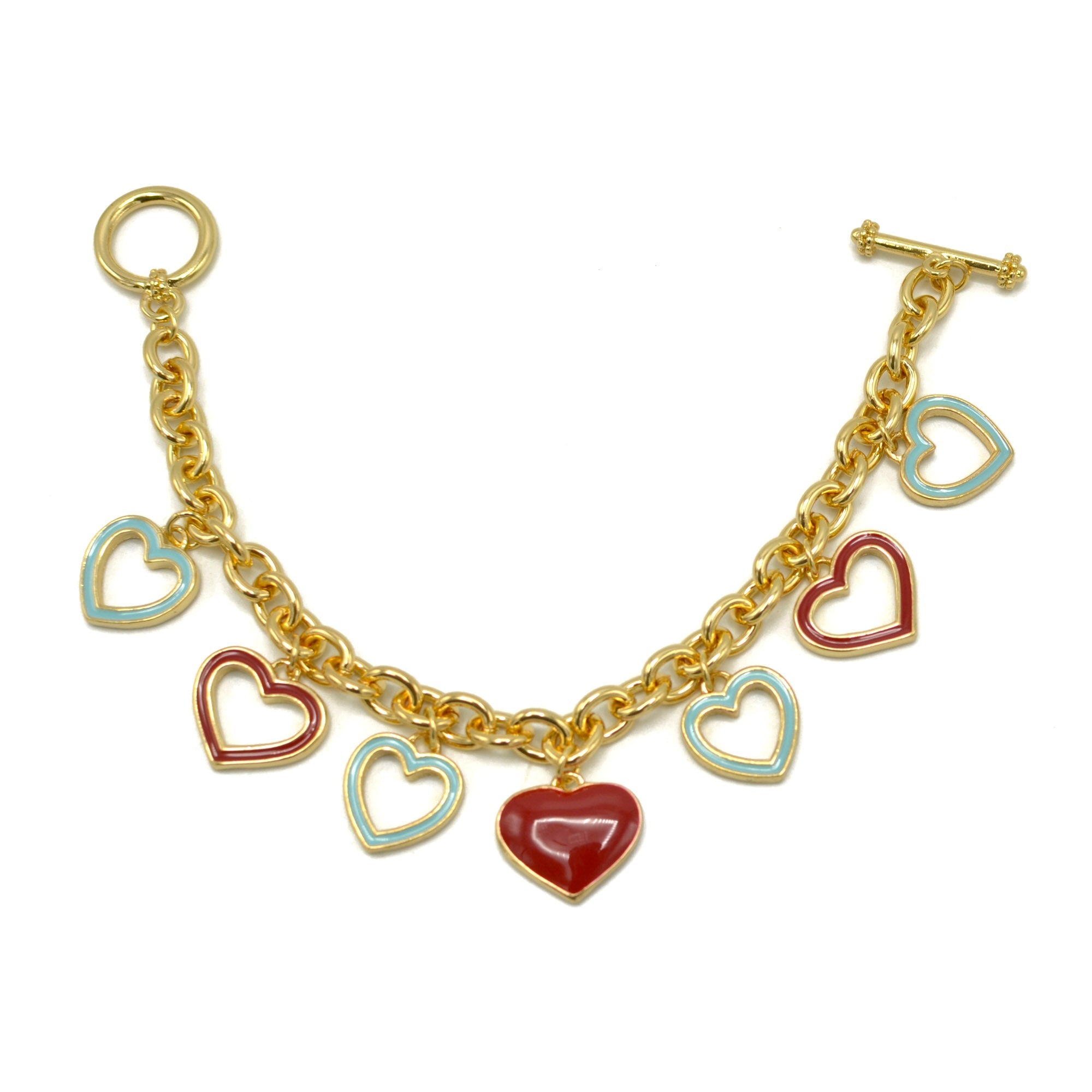 Gold with Coral and Turquoise Heart Charms Bracelet #HNB90890GD(JE7)