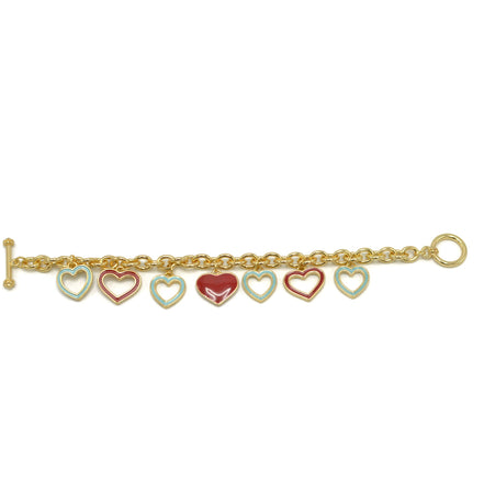 Gold with Coral and Turquoise Heart Charms Bracelet #HNB90890GD(JE7)