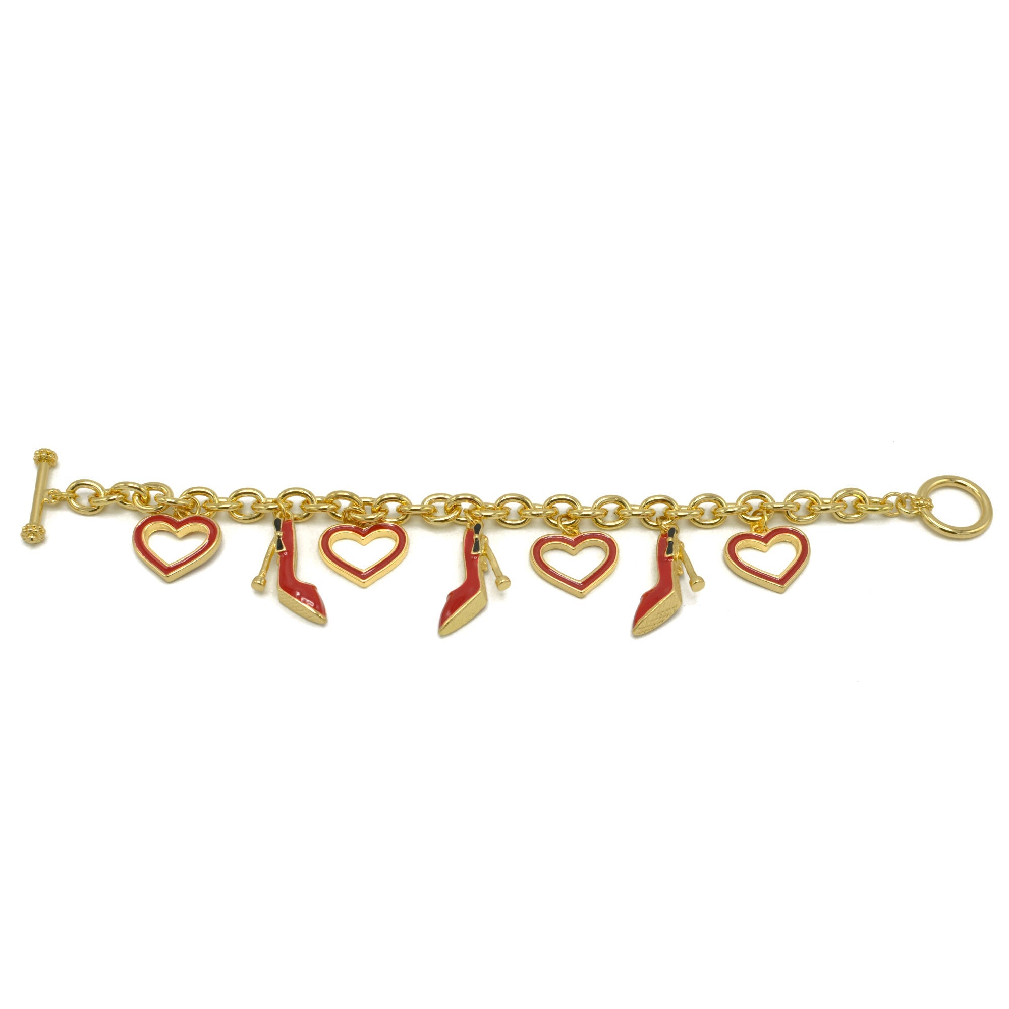 Gold with Red Shoe and Heart Charms Bracelet #HNB90891GDRD(JF7)