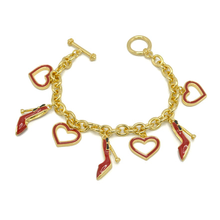 Gold with Red Shoe and Heart Charms Bracelet #HNB90891GDRD(JF7)