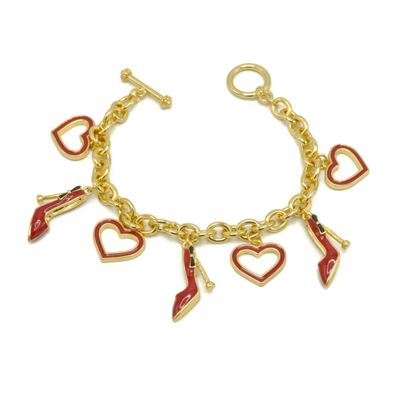 Gold with Red Shoe and Heart Charms Bracelet #HNB90891GDRD(JF7)