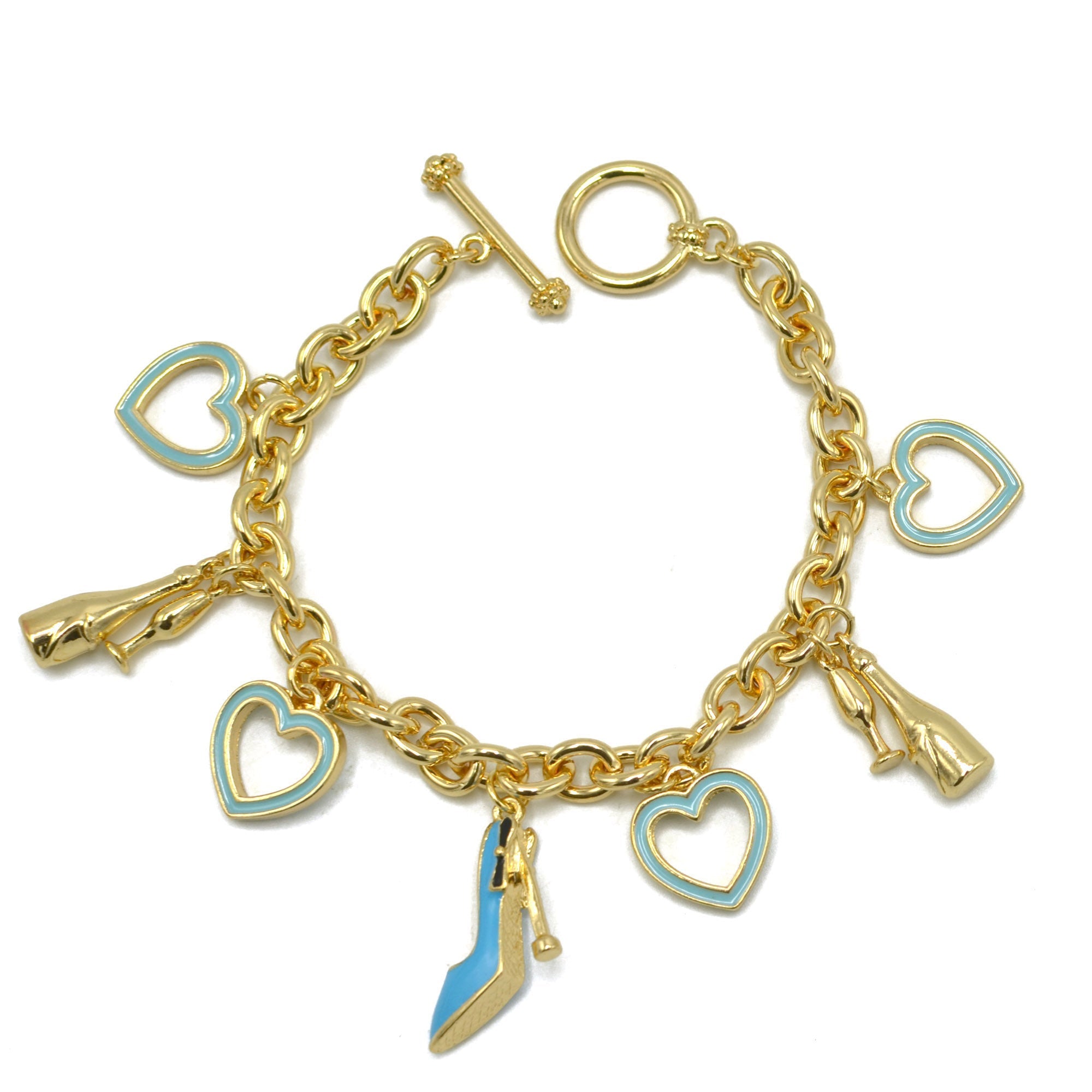 Gold with Shoe champagine and Turquoise Heart Charms Bracelet #HNB90892GDBL(JE7)