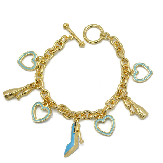Gold with Shoe champagine and Turquoise Heart Charms Bracelet #HNB90892GDBL(JE7)