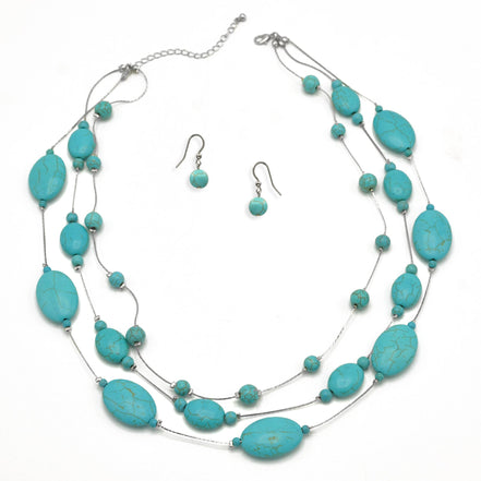 Rhodium Tone Metal Oval and Round Turquoise Beads Layer Necklace and Earrings Set#HNN+E77890(DF6-7)