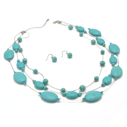 Rhodium Tone Metal Oval and Round Turquoise Beads Layer Necklace and Earrings Set#HNN+E77890(DF6-7)