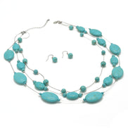 Rhodium Tone Metal Oval and Round Turquoise Beads Layer Necklace and Earrings Set#HNN+E77890(DF6-7)