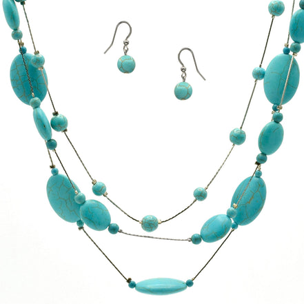 Rhodium Tone Metal Oval and Round Turquoise Beads Layer Necklace and Earrings Set#HNN+E77890(DF6-7)