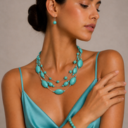 Rhodium Tone Metal Oval and Round Turquoise Beads Layer Necklace and Earrings Set#HNN+E77890(DF6-7)