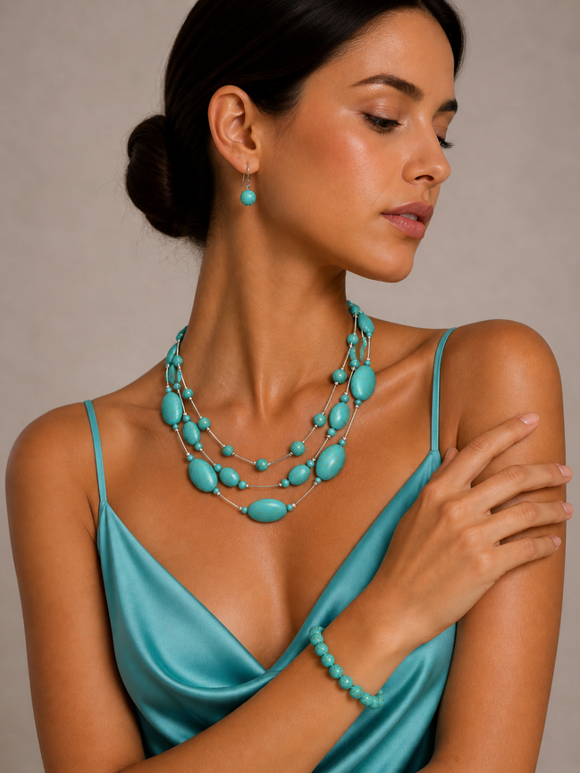 Rhodium Tone Metal Oval and Round Turquoise Beads Layer Necklace and Earrings Set#HNN+E77890(DF6-7)